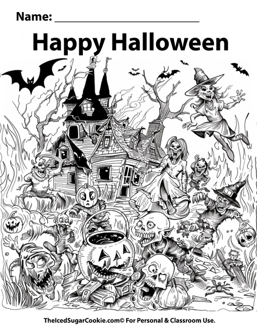 Happy Halloween Goblins &  Monsters Coloring Page by TheIcedSugarCookie.com