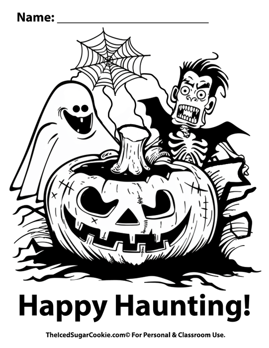 Happy Haunting Halloween Coloring Page with a ghost, pumpkin and skeleton Dracula with spider web by TheIcedSugarCookie.com