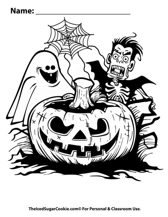 Happy Haunting Halloween Coloring Page with a ghost, pumpkin and skeleton Dracula with spider web by TheIcedSugarCookie.com