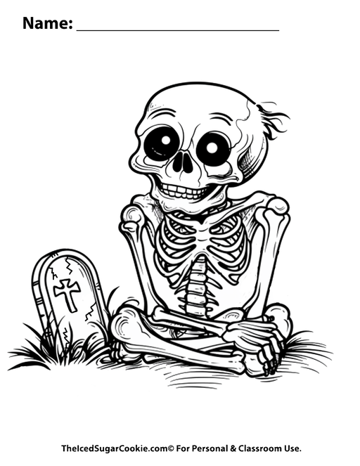 Happy Spooky Halloween Skeleton Tombstone Coloring Page by TheIcedSugarCookie.com