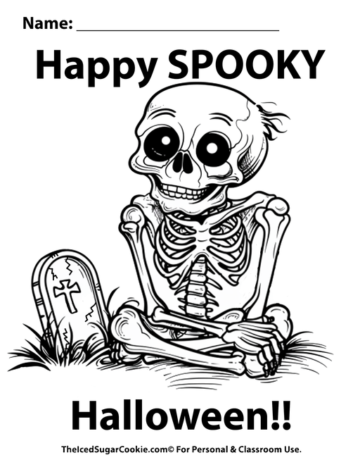 Happy Spooky Halloween Skeleton Tombstone Coloring Page by TheIcedSugarCookie.com