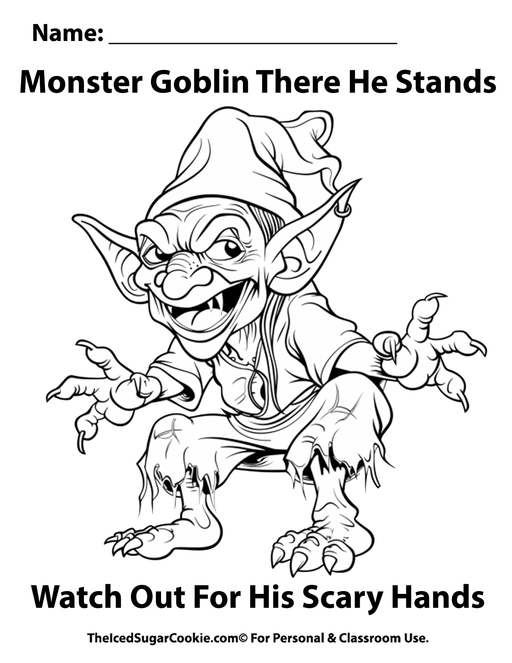 Monster Goblin There He Stands Watch Out For His Scary Hands Halloween Coloring Page by TheIcedSugarCookie.com