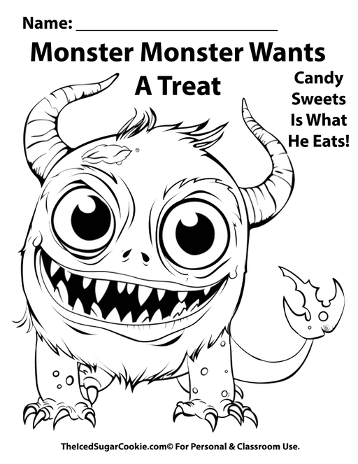 Monster Monster Wants A Treat Candy Sweets Is What He Eats Halloween Coloring Page