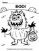 Silly Monster Halloween Coloring Page with trick or treat bucket with the words that say BOO by TheIcedSugarCookie.com