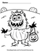 Silly Monster Halloween Coloring Page with trick or treat bucket with the words that say BOO by TheIcedSugarCookie.com