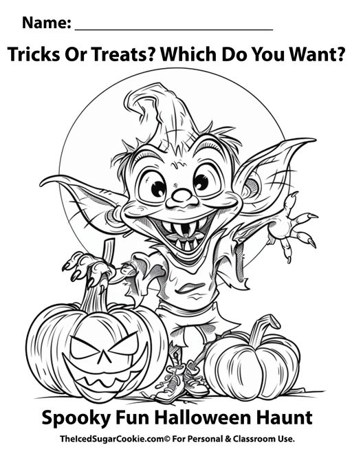 Tricks Or Treats Which Do You Want Spooky Fun Halloween Haunt Coloring Page by TheIcedSugarCookie.com