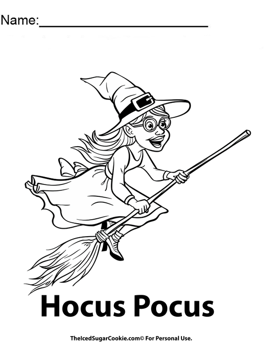 Halloween Witch Hocus Pocus Coloring page Riding A Broom wearing glasses. Free printable digital download by TheIcedSugarCookie.com