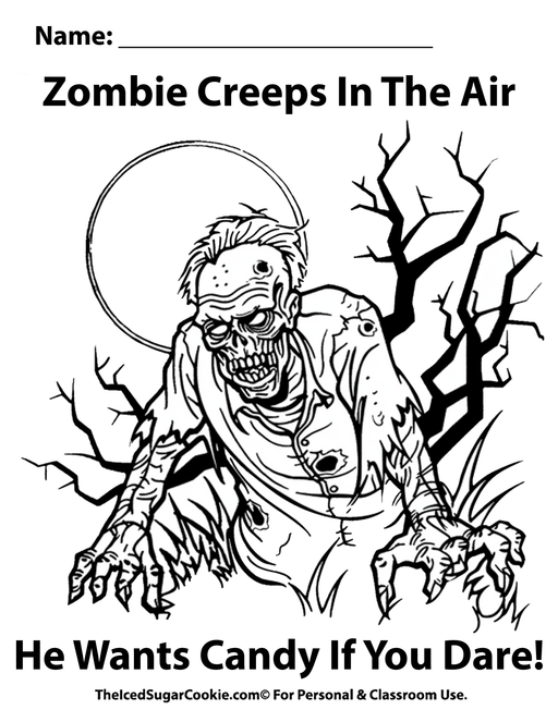 Zombie Creeps In The Air, He Wants Candy If You Dare Halloween Coloring Page by TheIcedSugarCookie.com