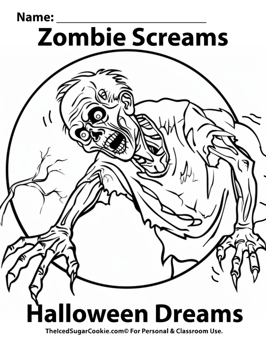 Zombie Screams Halloween Dreams Coloring Page by TheIcedSugarCookie.com