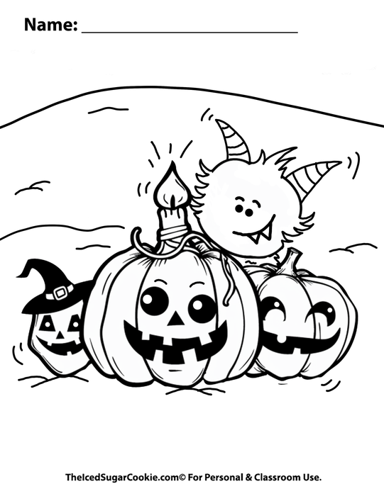 The Spooks Come Out Tonight Halloween Coloring Page. Jack O Lantern Pumpkins with monster devil with horns Trick Or treat by The Iced Sugar Cookie