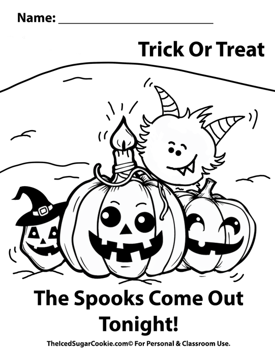 The Spooks Come Out Tonight Halloween Coloring Page. Jack O Lantern Pumpkins with monster devil with horns Trick Or treat by The Iced Sugar Cookie