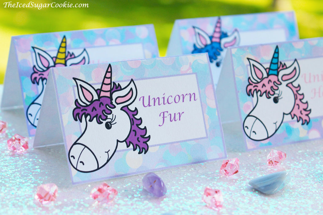 Unicorn Birthday Party Food Label Tent Cards-Unicorn Fur, Unicorn Cookies, Unicorn Punch, Unicorn Horns by The Iced Sugar Cookie-DIY Printable digital download for your Unicorn Birthday Party event by The Iced Sugar Cookie.